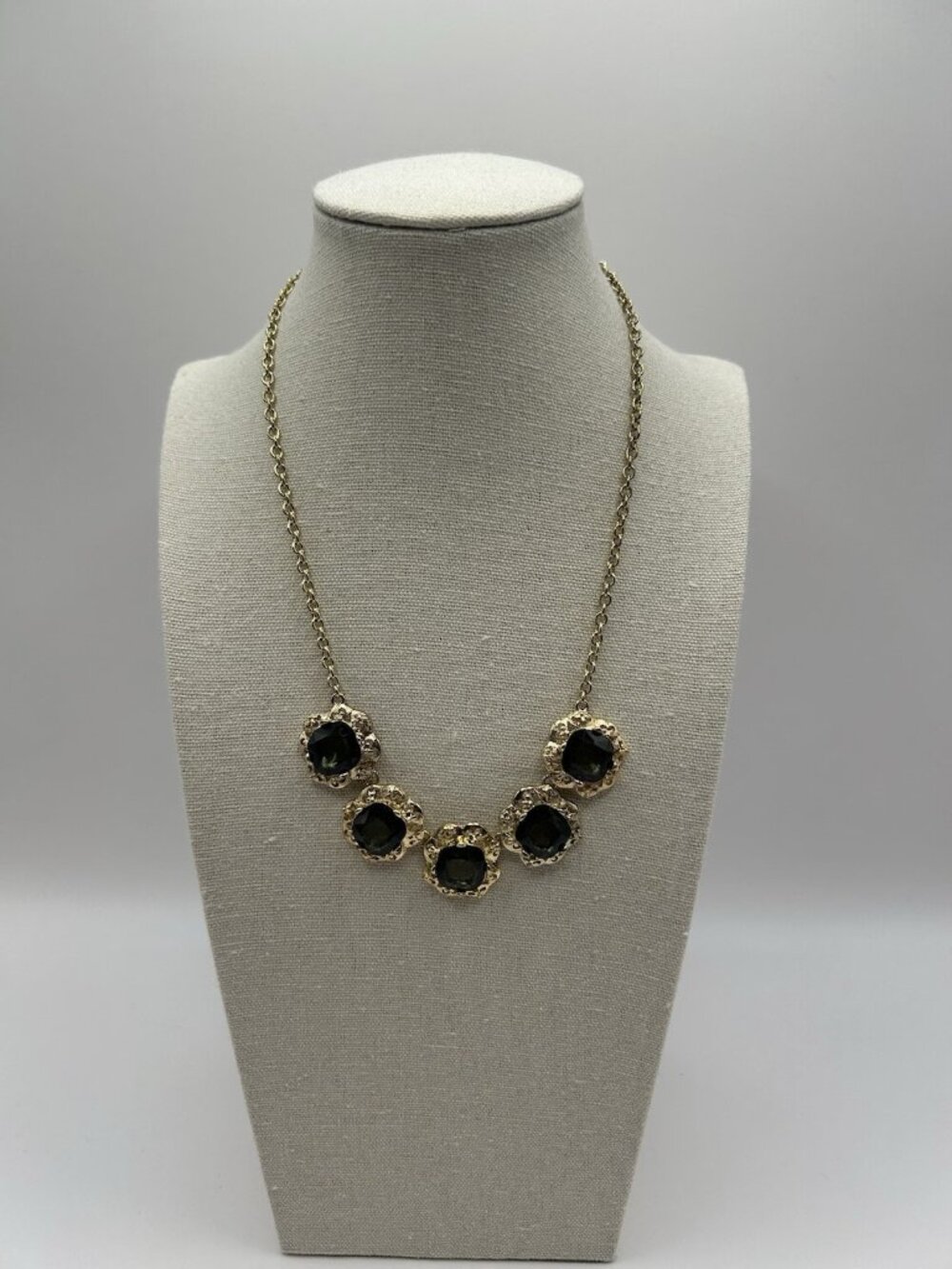 Marlyn Schiff Gold Tone Necklace Green Charcoal Rhinestones Statement Jewelry - Picture 2 of 16